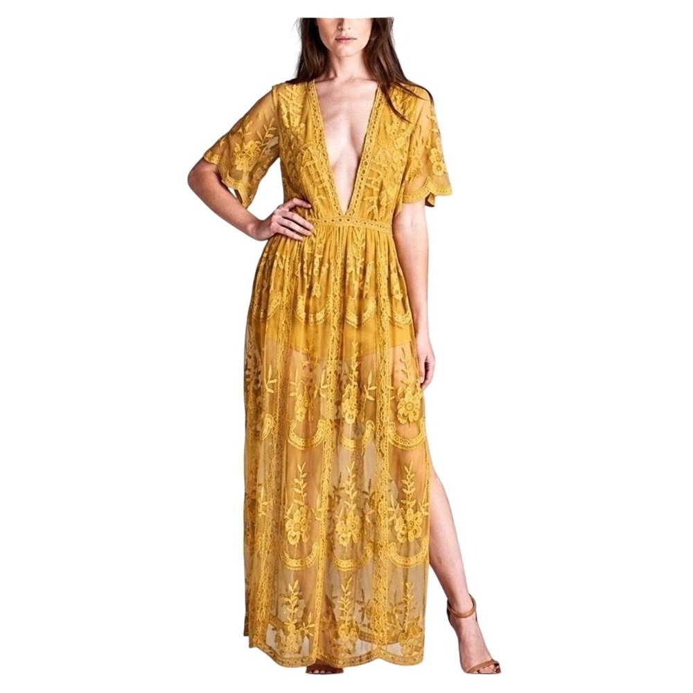 Mustard Yellow Floral Embroidered Mesh Maxi Dress Romper Whimsigoth Fairy